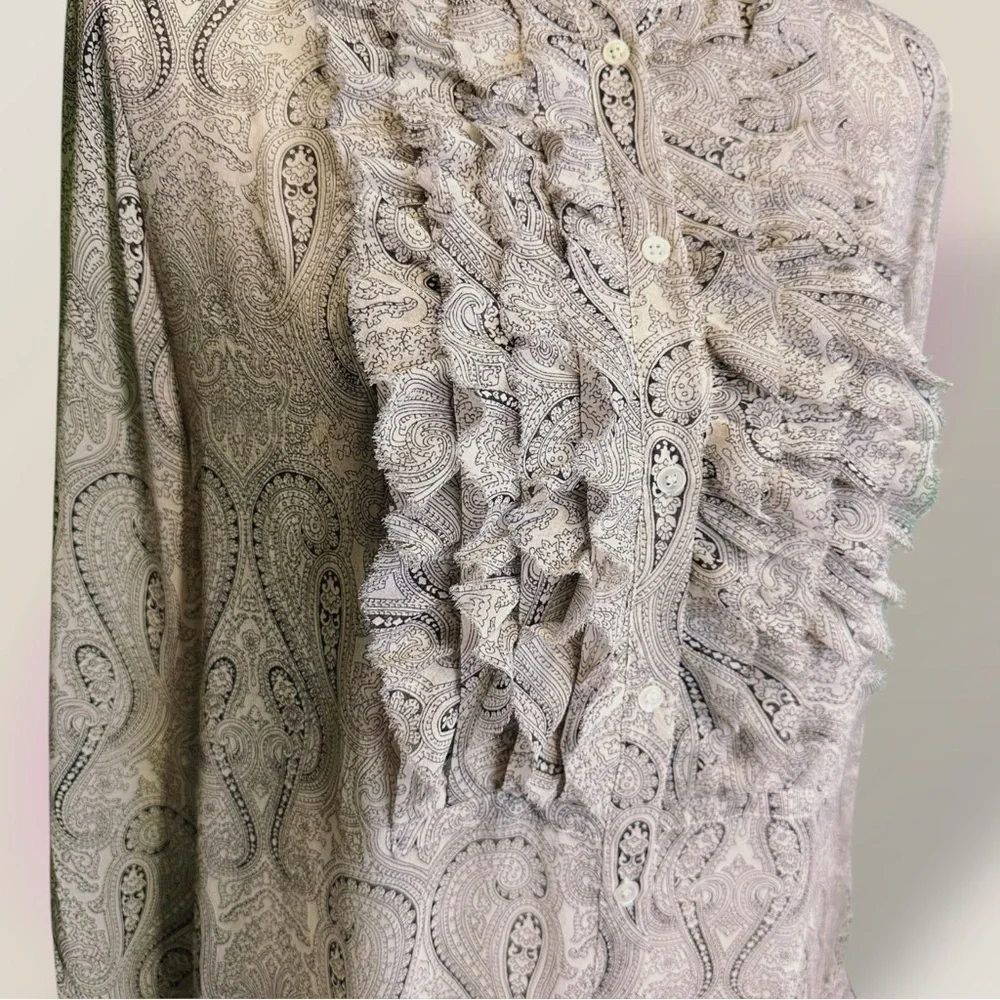 J. Crew 100% Silk ‘Faded Paisley Flouncette Blouse’ in White & Black Size 6